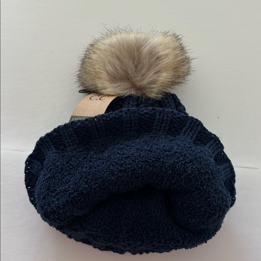 C.C  Navy Knit Pom-Pom Beanie Fuzzy Fleece - Picture 5 of 5
